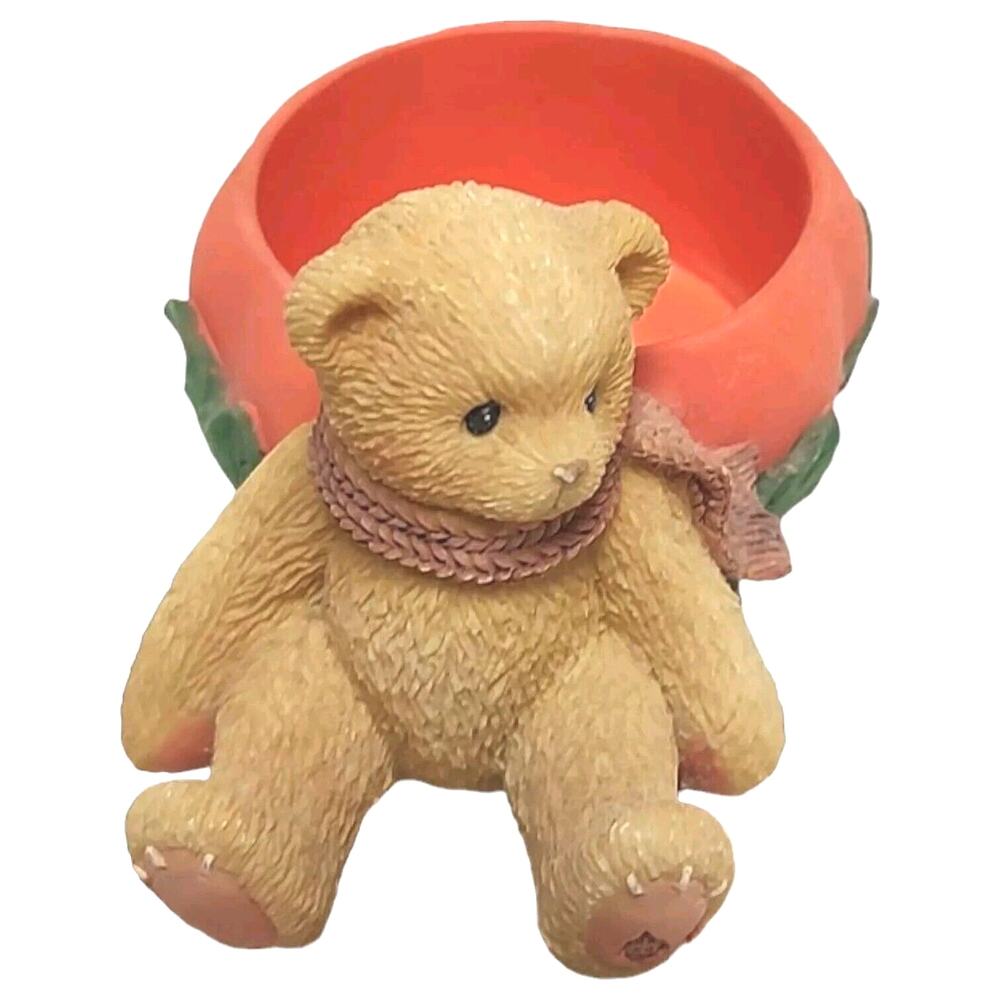 Vntg Cherished Teddies Fall Tea light Candle Holder Halloween Pumpkin Bear 1998
